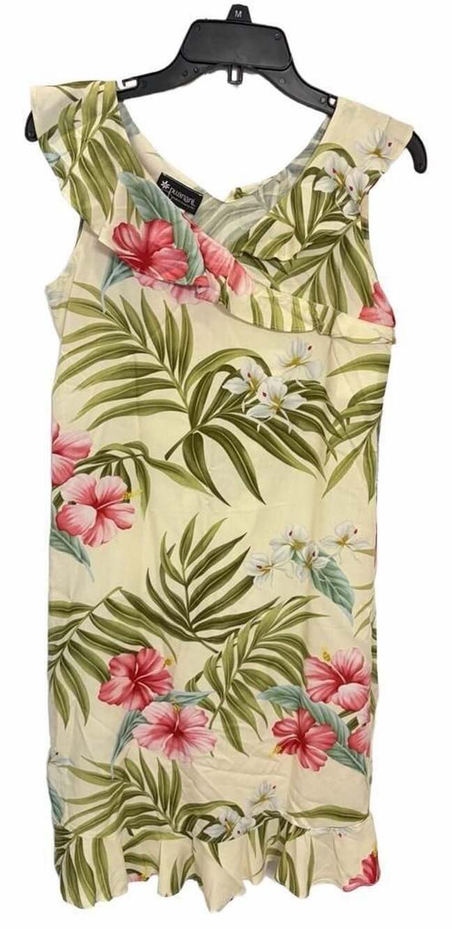 Puamana Hawaiian Dress XXS Hibiscus Tropical Floral Ruffle Hem Made in Hawaii